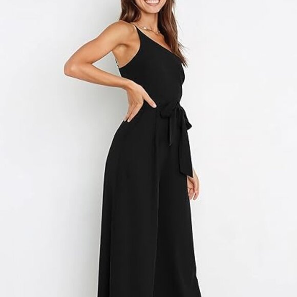 Chic One-Shoulder Wide-Leg Jumpsuit – Elegant Backless Tie-Waist Romper | Black - Picture 2 of 7